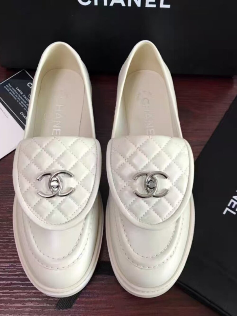 Chanel White Quilted Loafers